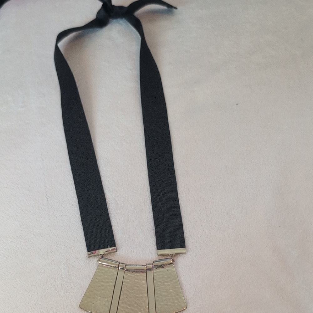 Black Ribbon Necklace with Hammered Gold Panels